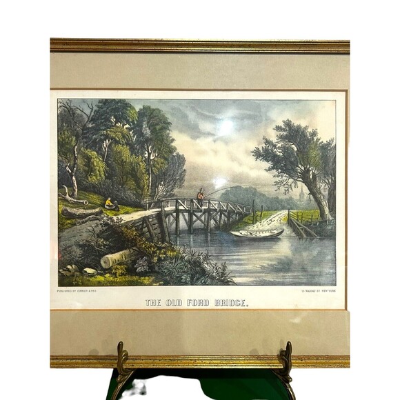 Vtg Currier & Ives Lithograph Print "The Old Ford Bridge" Professionally Framed - Picture 5 of 10